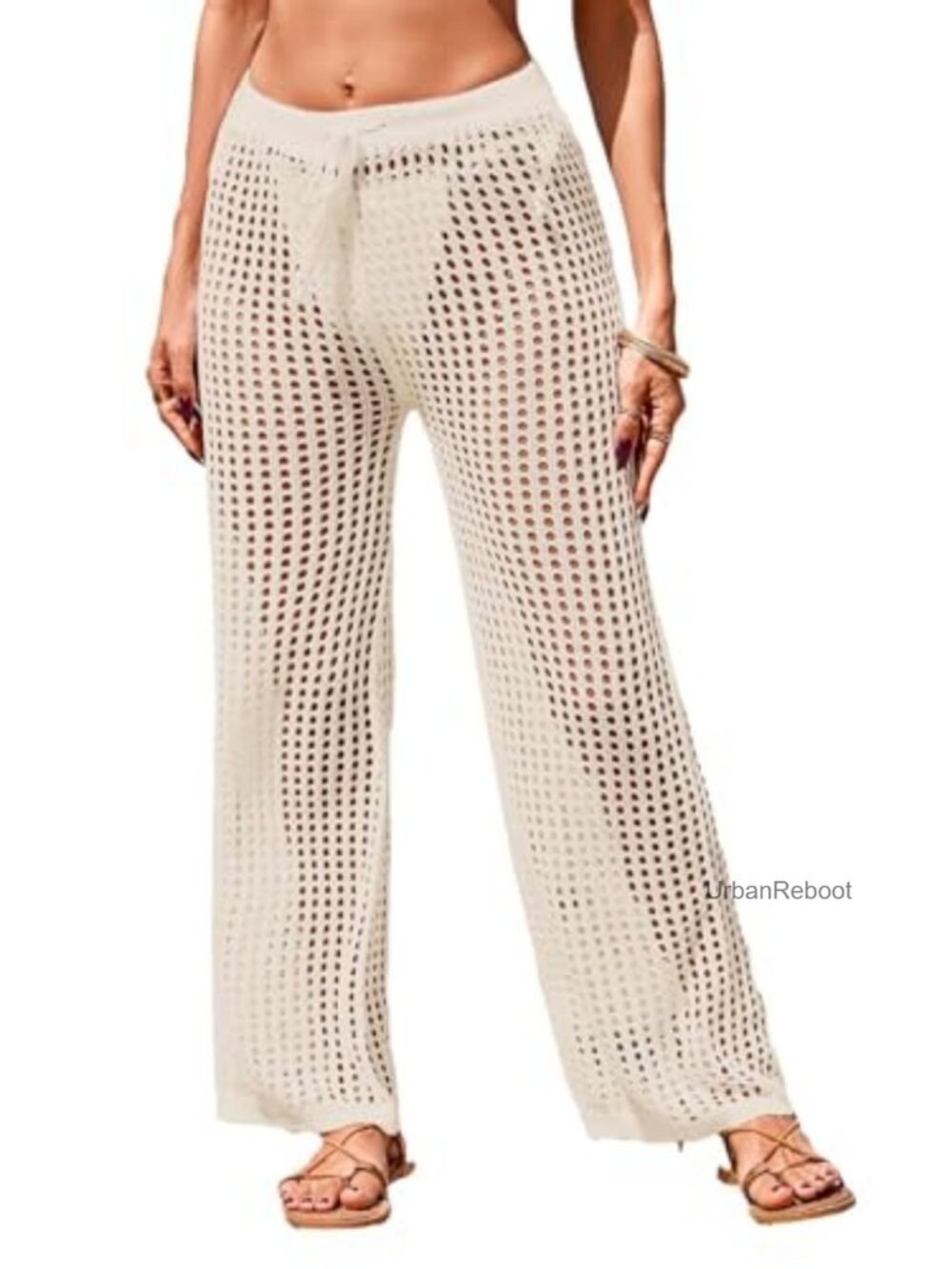Crochet Mesh Beach Cover Up Pants Flare Leg Drawstring Waist